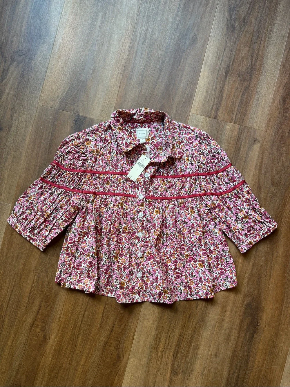 NWT——-Anthropologie Pink Floral Button-Front Blouse